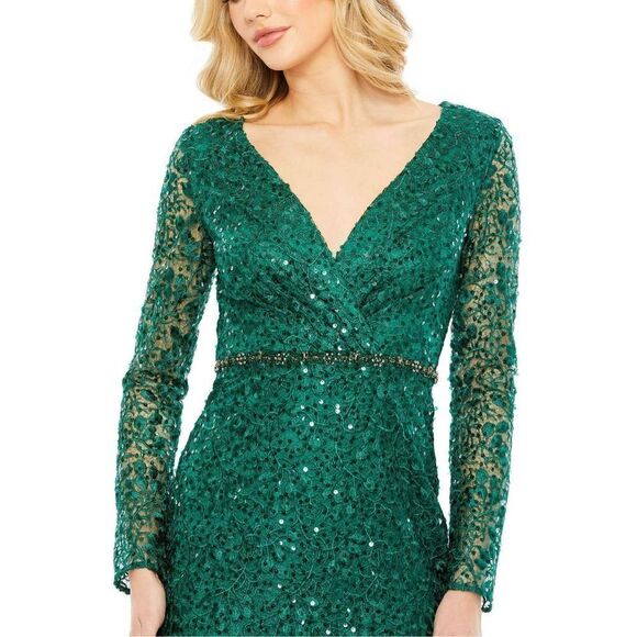 MAC DUGGAL EMBELLISHED WRAP OVER LONG SLEEVE GOWN - Picture 3 of 10